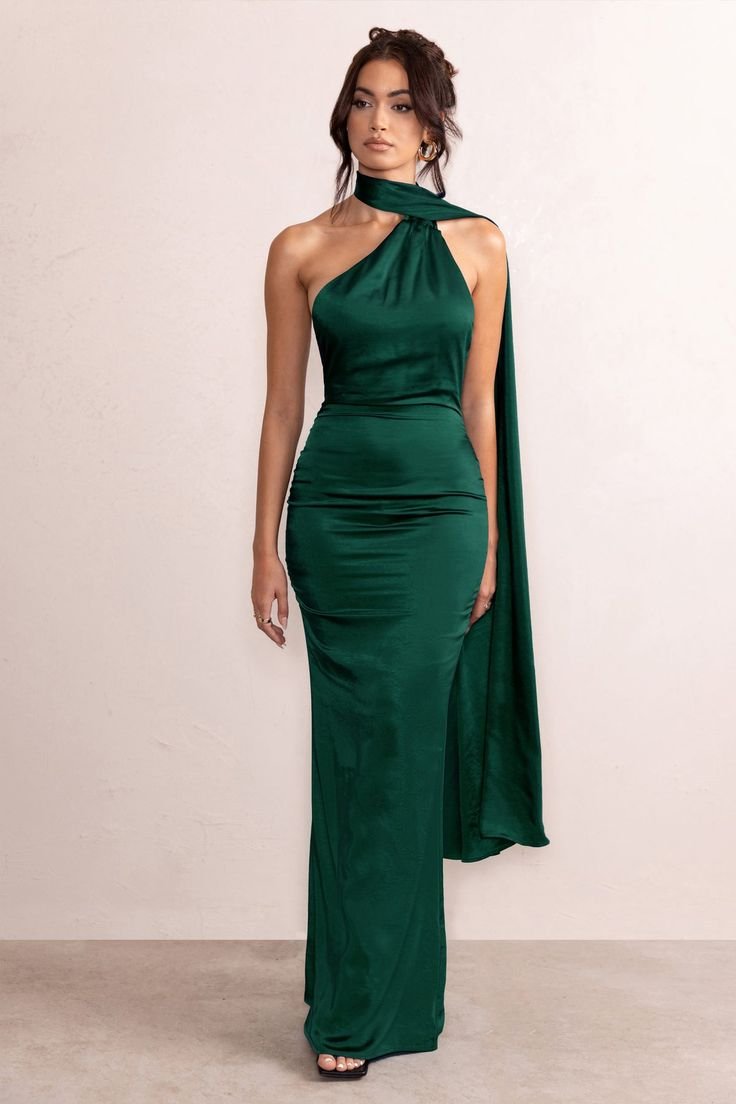 Mademoiselle _ Bottle Green Satin Asymmetric Scarf Neck Backless Maxi Dress